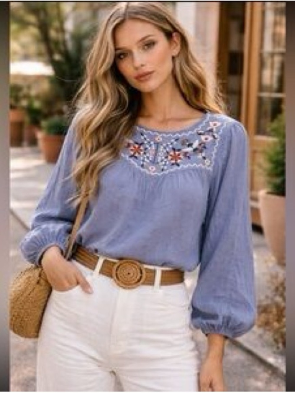 Max Studio Blue Embroidered Peasant Blouse